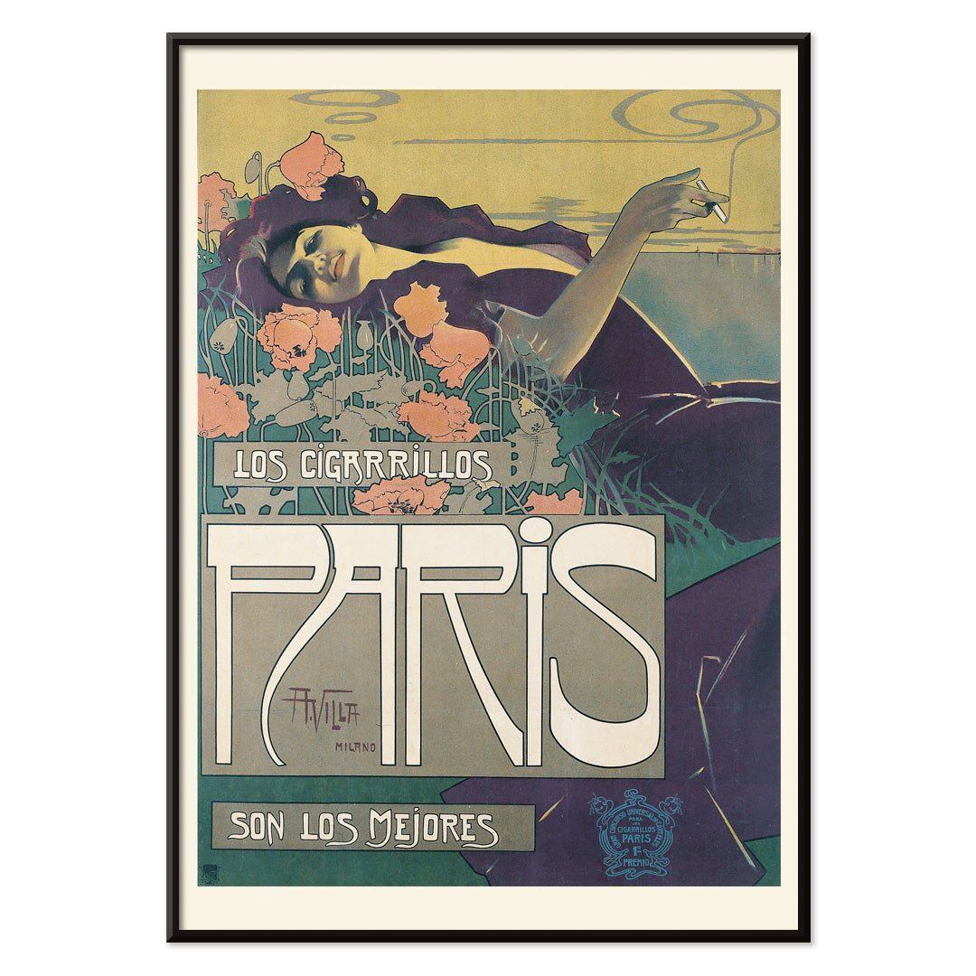 Reclining woman in a field with flowers smoking and advertising Cigarrillos Paris vintage poster artwork by Aleardo Villa, with black aluminium frame on white background