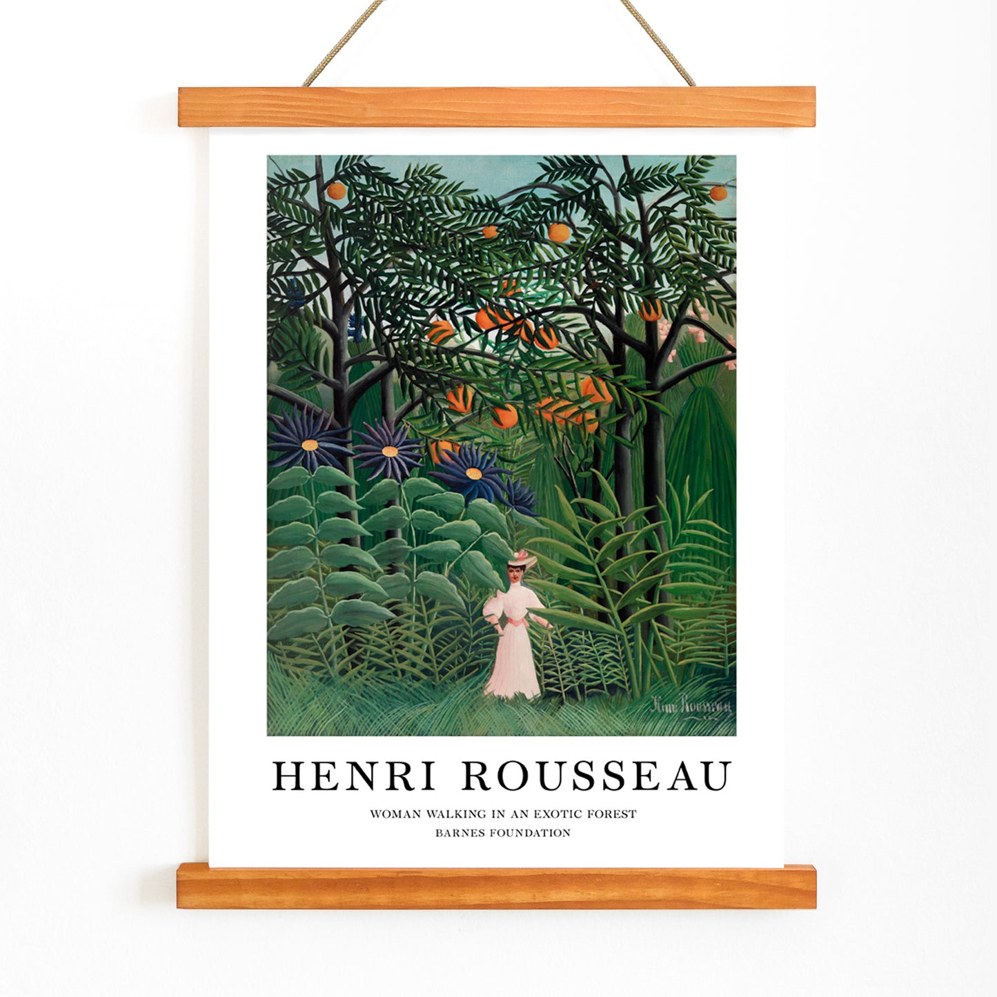 Woman in white dress walking through lush jungle plants in Exotic Forest by Henri Rousseau poster, with wooden magnetic frame on white background