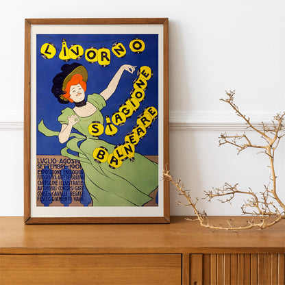 Woman in green dress holding yellow lanterns Livorno stagione balneare by Leonetto Cappiello poster on blue background, framed and displayed in home decor