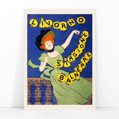 Woman in green dress holding yellow lanterns Livorno stagione balneare by Leonetto Cappiello poster on blue background, framed and displayed in modern living room decor