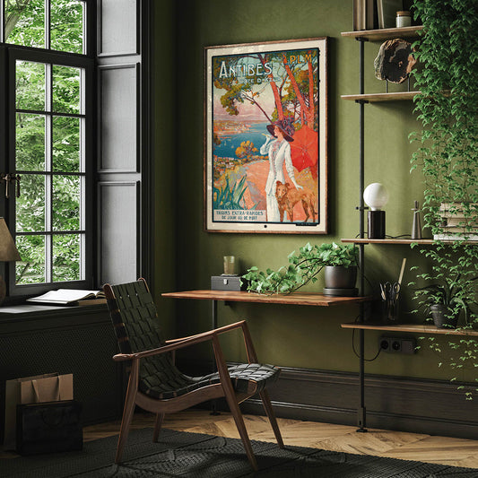 Elegant lady with dog and stylish woman with red umbrella overlooking Antibes French Riviera coastline by David Dellepiane, framed and displayed in home decor