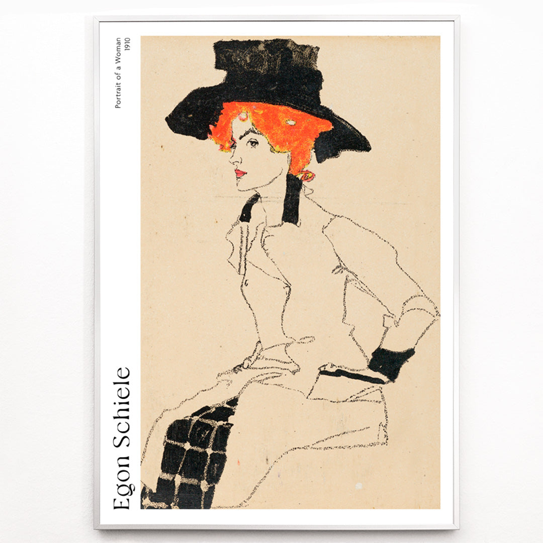 Closeup detail of Portrait Of A Woman by Egon Schiele featuring an elegant woman with red or orange hair and a black hat poster