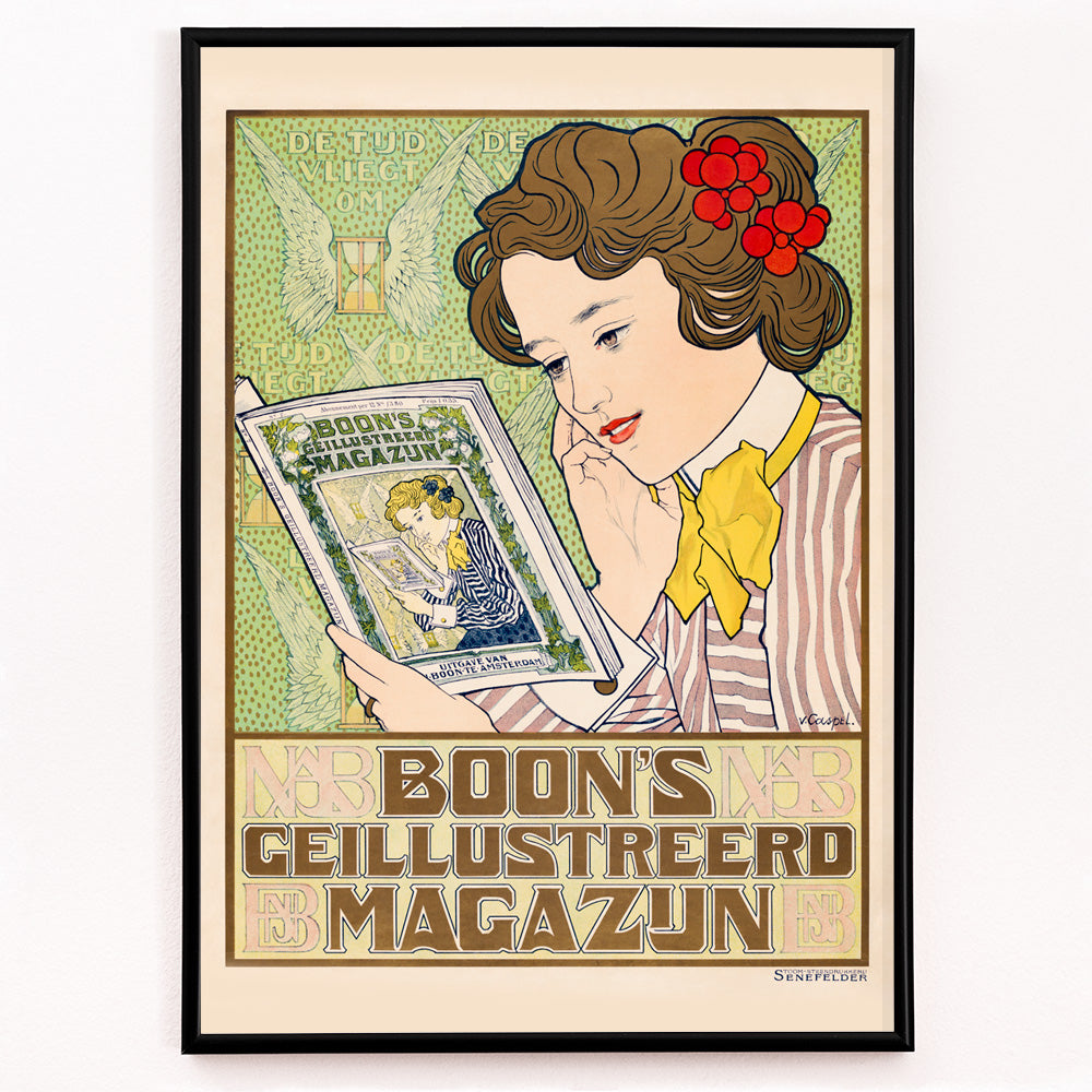 Closeup detail of Art Nouveau poster of a woman reading Boon Magazine by Johann Georg van Caspel with decorative floral details