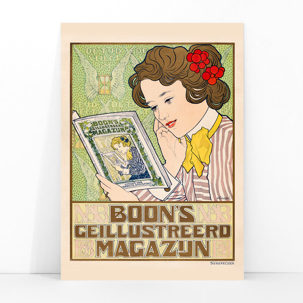 Art Nouveau poster of a woman reading Boon Magazine by Johann Georg van Caspel with decorative floral details, framed and displayed in modern living room decor