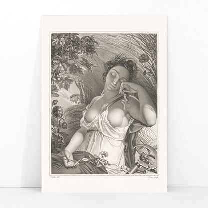 Sleeping Woman by Salvatore Tresca serene woman sleeping in a lush natural setting with flowers and wheat poster, framed and displayed in modern living room decor