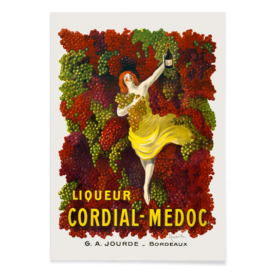 Liquor Cordial-Médoc poster by Leonetto Cappiello showing a woman in a yellow dress surrounded by colorful grapes holding a bottle, with black aluminium frame on white background