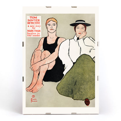 Two women in vintage clothing seated together in an illustration by Edward Penfield titled Two Seated Women poster, framed and displayed in modern living room decor