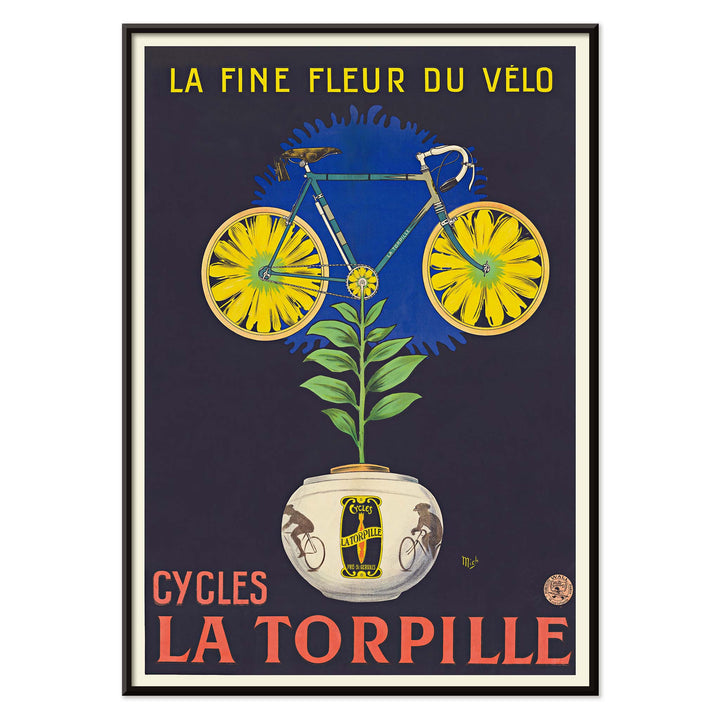Michel Liebeaux La fine fleur du vélo poster with yellow bicycle rising from flower pot, green plant, dark background, vintage advertising style, with black aluminium frame on white background