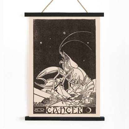 Artistic illustration and poster of Cancer zodiac sign with crab under stars by Henri van der Stok, with wooden magnetic frame on white background